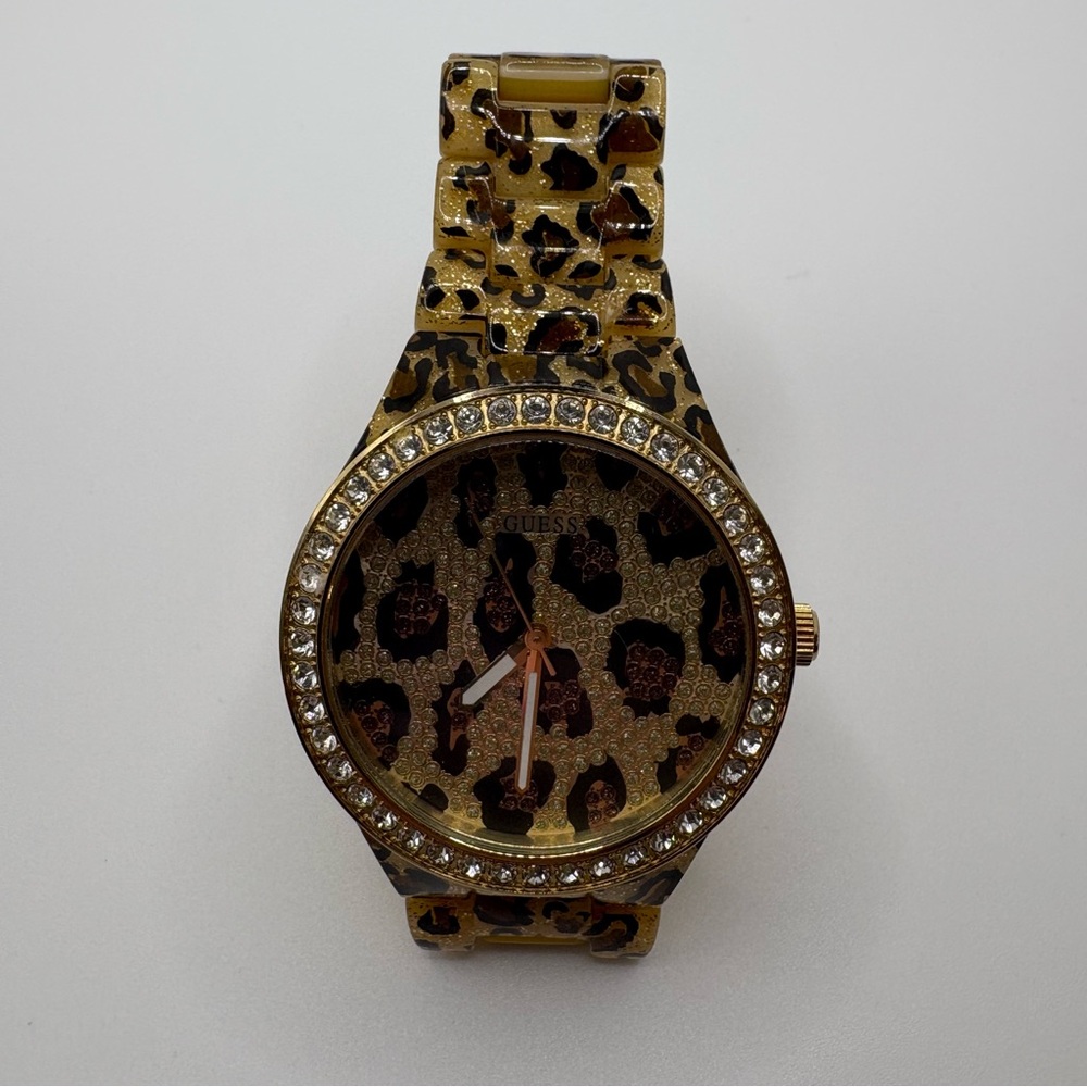 Guess Gold Leopard Print Crystal Accent Women's Watch